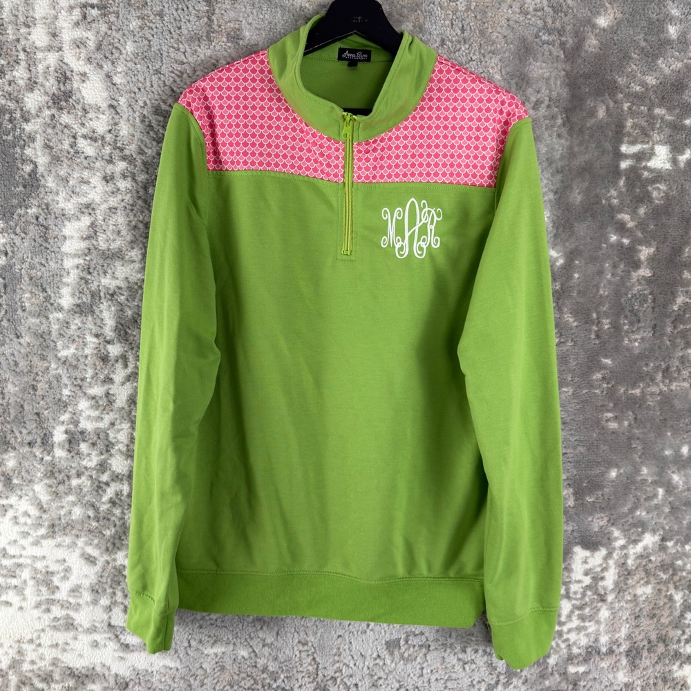 Anna Lane Size L Monogram Fish Scale 1/4 Zip Pullover Sweatshirt Green Long Wmn
